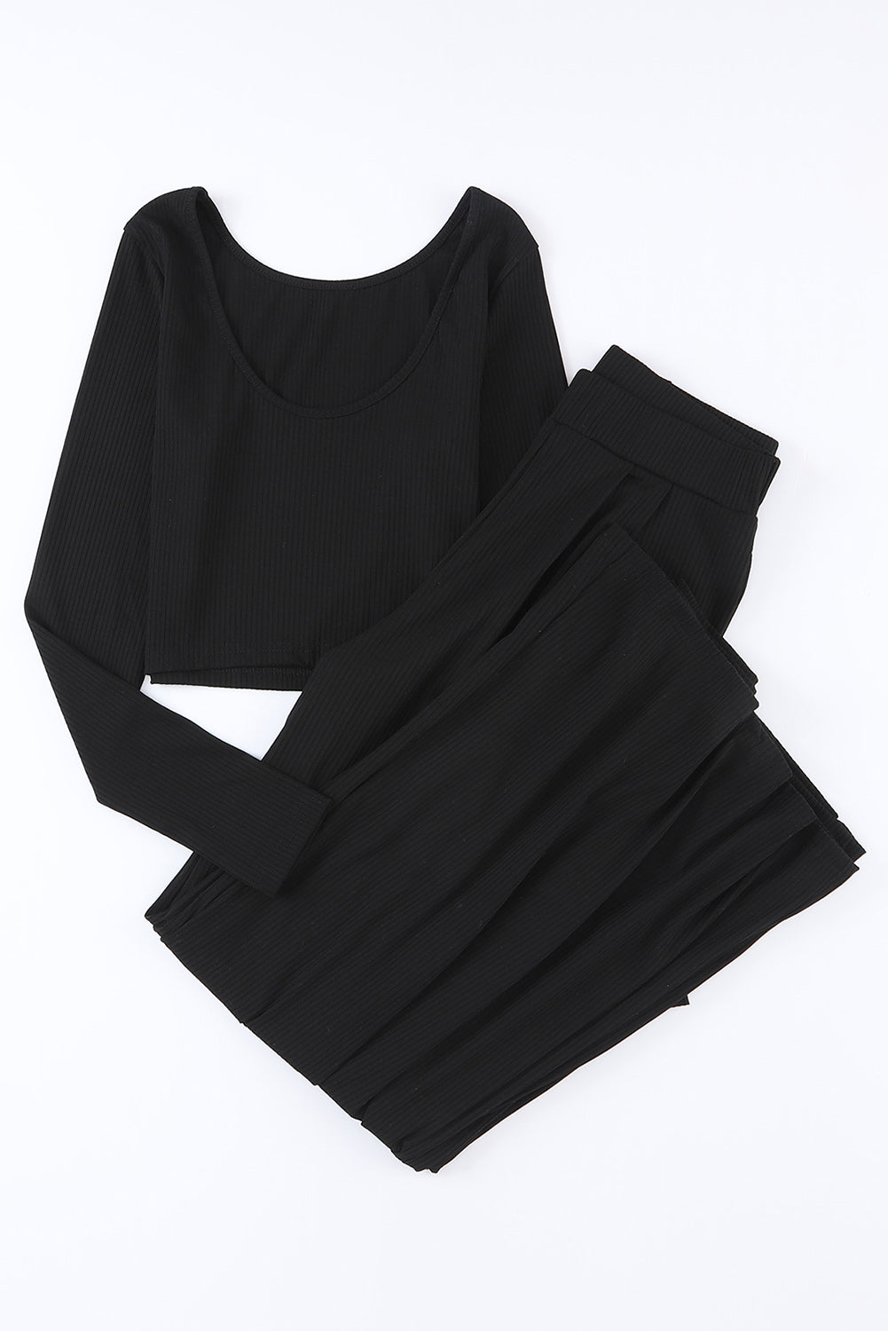 Black Solid Color Ribbed Crop Top Long Pants Set