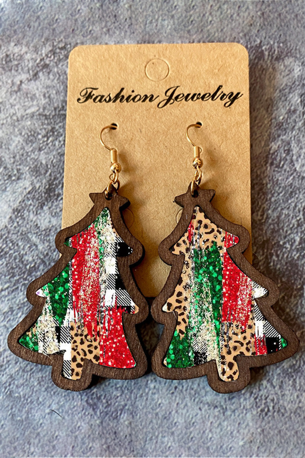 Leopard Plaid Christmas Tree Earrings