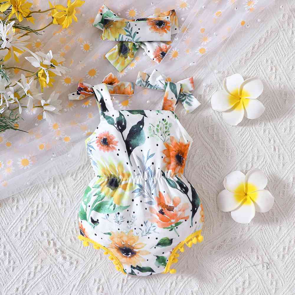 Floral Bow Detail Pom-Pom Trim Romper